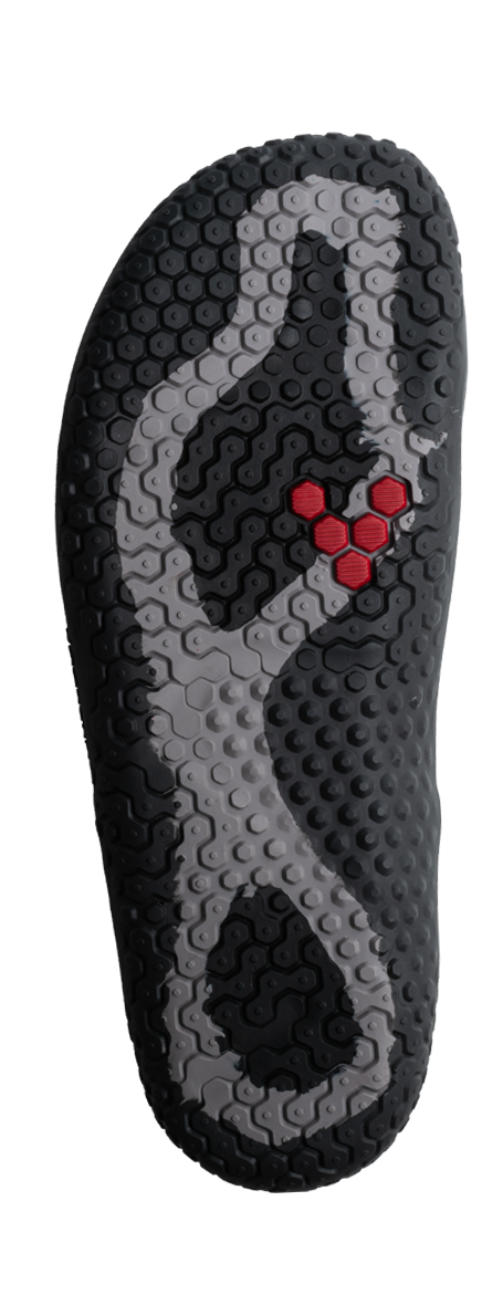 Sål af Vivobarefoot Motus Strength Womens i varianten Obsidian / Grey, designet til naturlig fodbevægelse med specielt greb i rødt og gråt på sort baggrund.