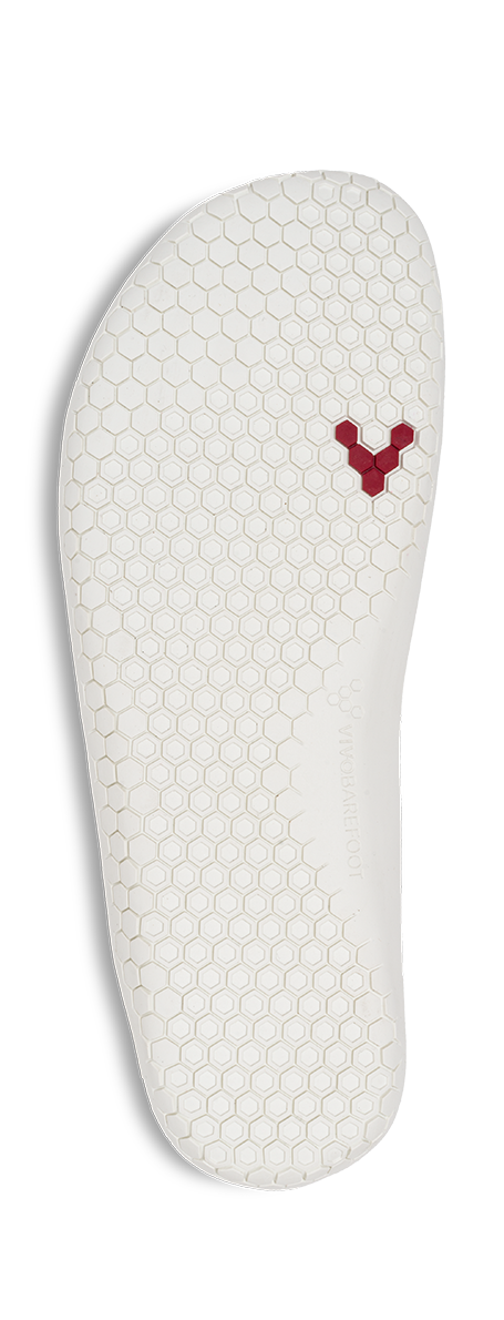 Sål af Vivobarefoot Primus Lite Knit Womens i Bright White Iridescent, med hexagonalt mønster for naturlig fodmekanik og forstærket greb.