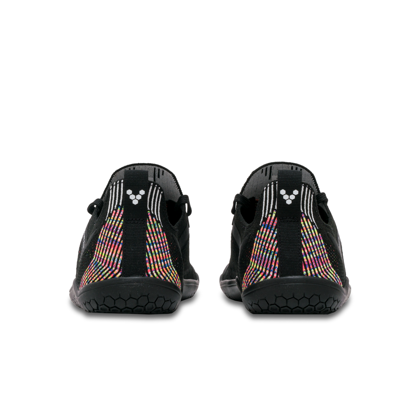 Par af Vivobarefoot Primus Lite Knit Womens i varianten Obsidian Iridescent, set bagfra. Skoene har en farverig strik og tynd sål, ideelle til barfodsløb.