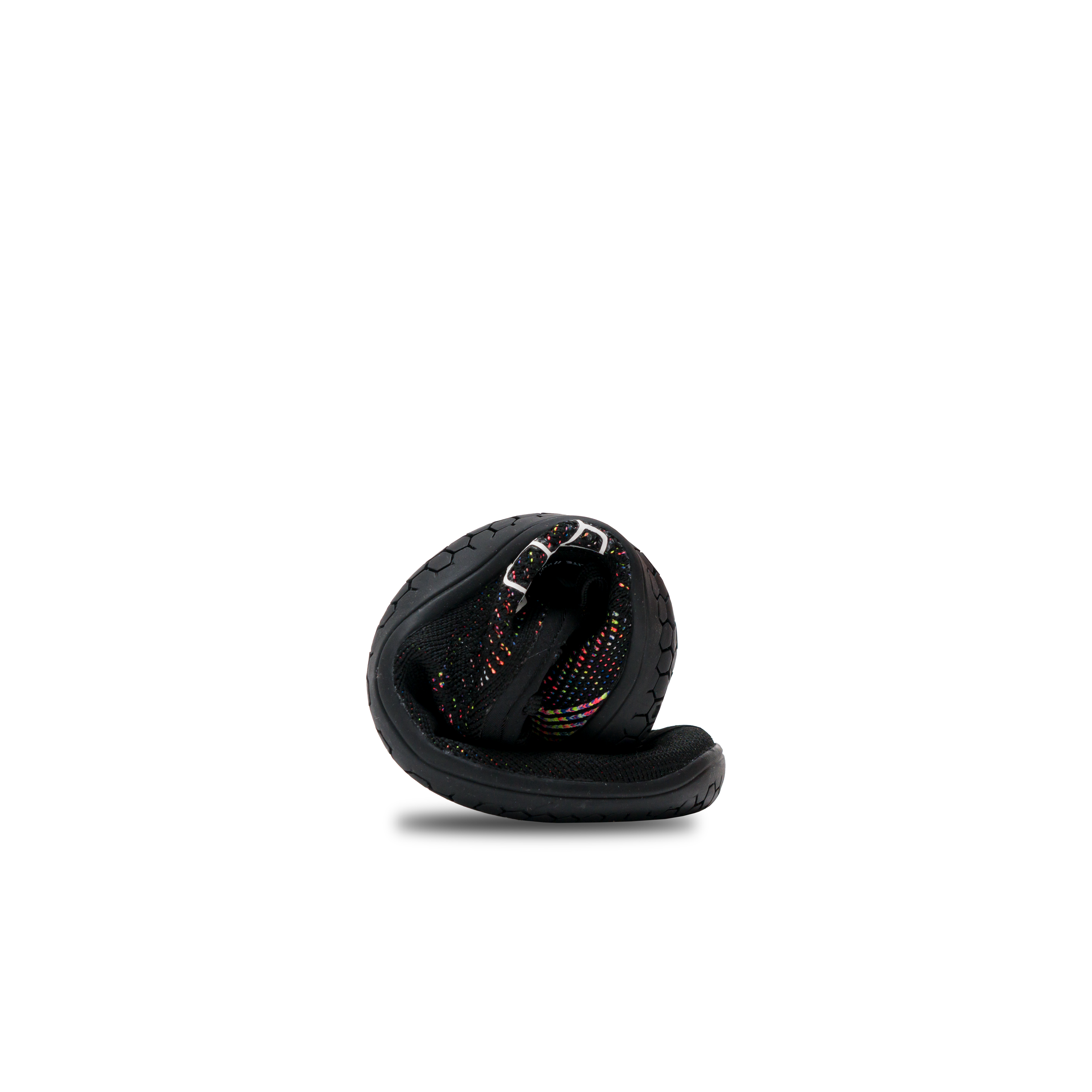 Vivobarefoot Primus Lite Knit til kvinder i varianten Obsidian Iridescent, vist i unikt rullet perspektiv, fremhæver iriserende indre mønster og tynd, fleksibel sål for barfodsfornemmelse.