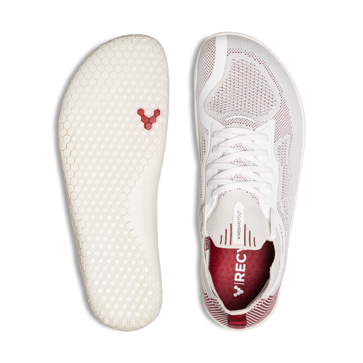 Vivobarefoot Primus Lite Knit barfodssko til kvinder i Off White / Burgundy, viser top og sål-design. Skoen fremhæver fodfrihed og miljøvenlige materialer.