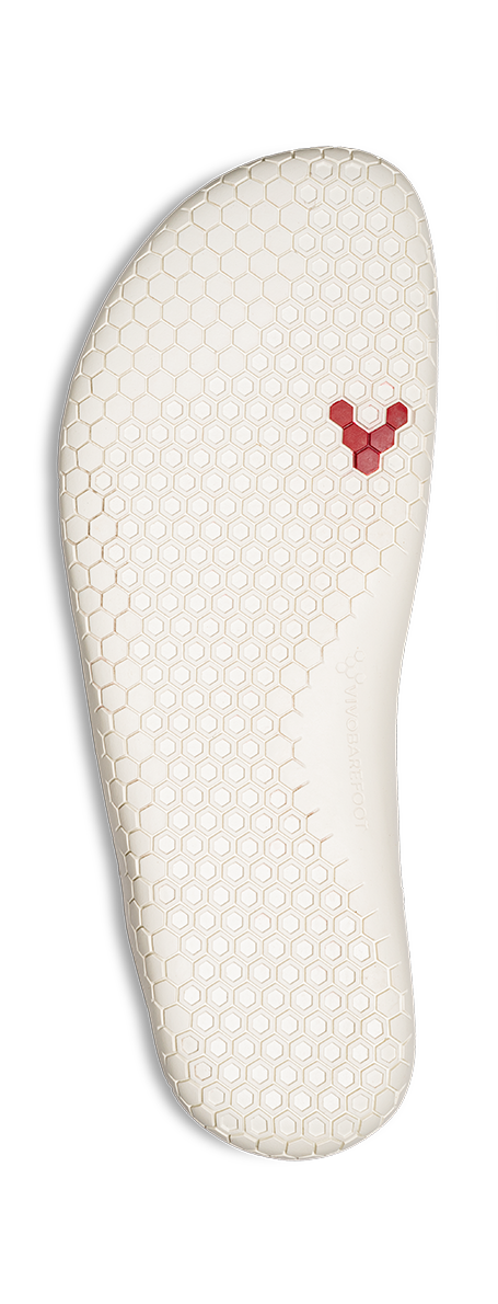Sålbillede af Vivobarefoot Primus Lite Knit Womens i Off White / Burgundy, med hexagonalt mønster for naturlig fodbevægelse og burgundy 'V' logo.