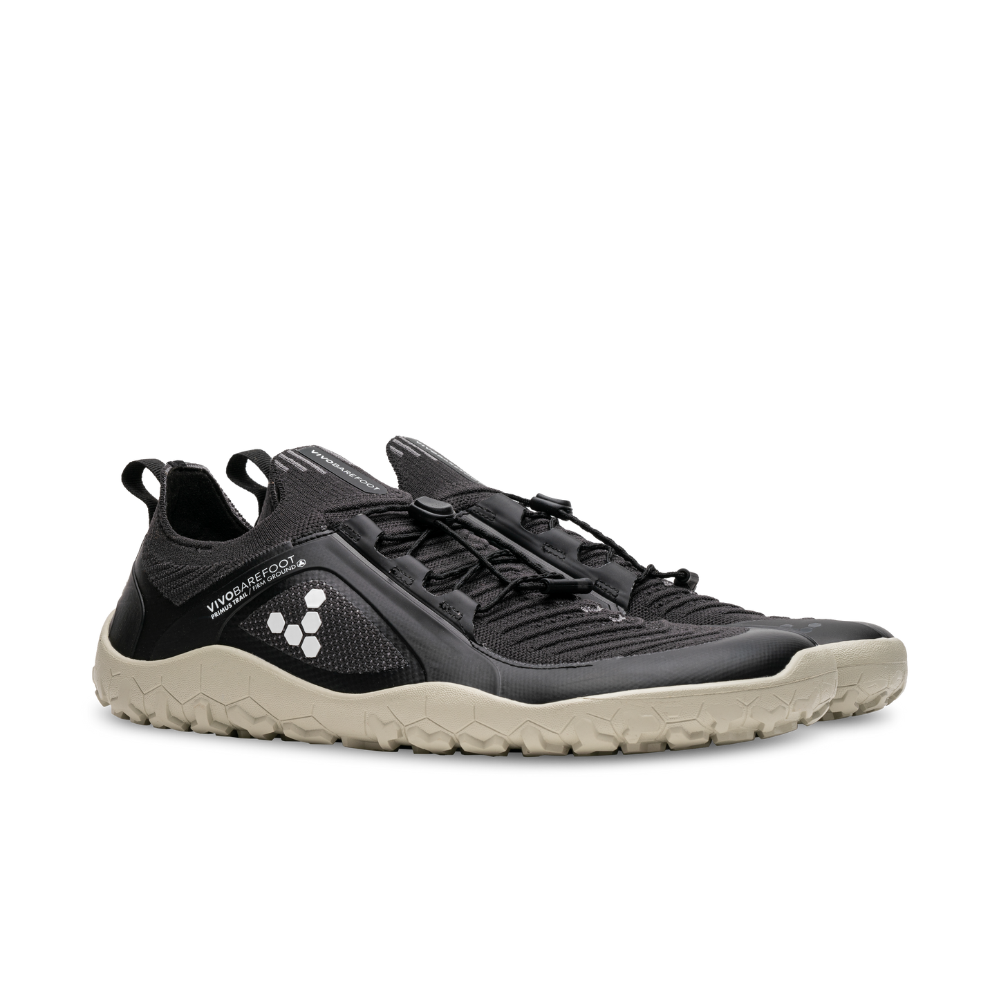 Vivobarefoot Primus Trail Knit FG Mens i Obsidian / Limestone, barfodsvenlige sko designet til terrænløb med åndbar mesh overdel og skridsikker sål