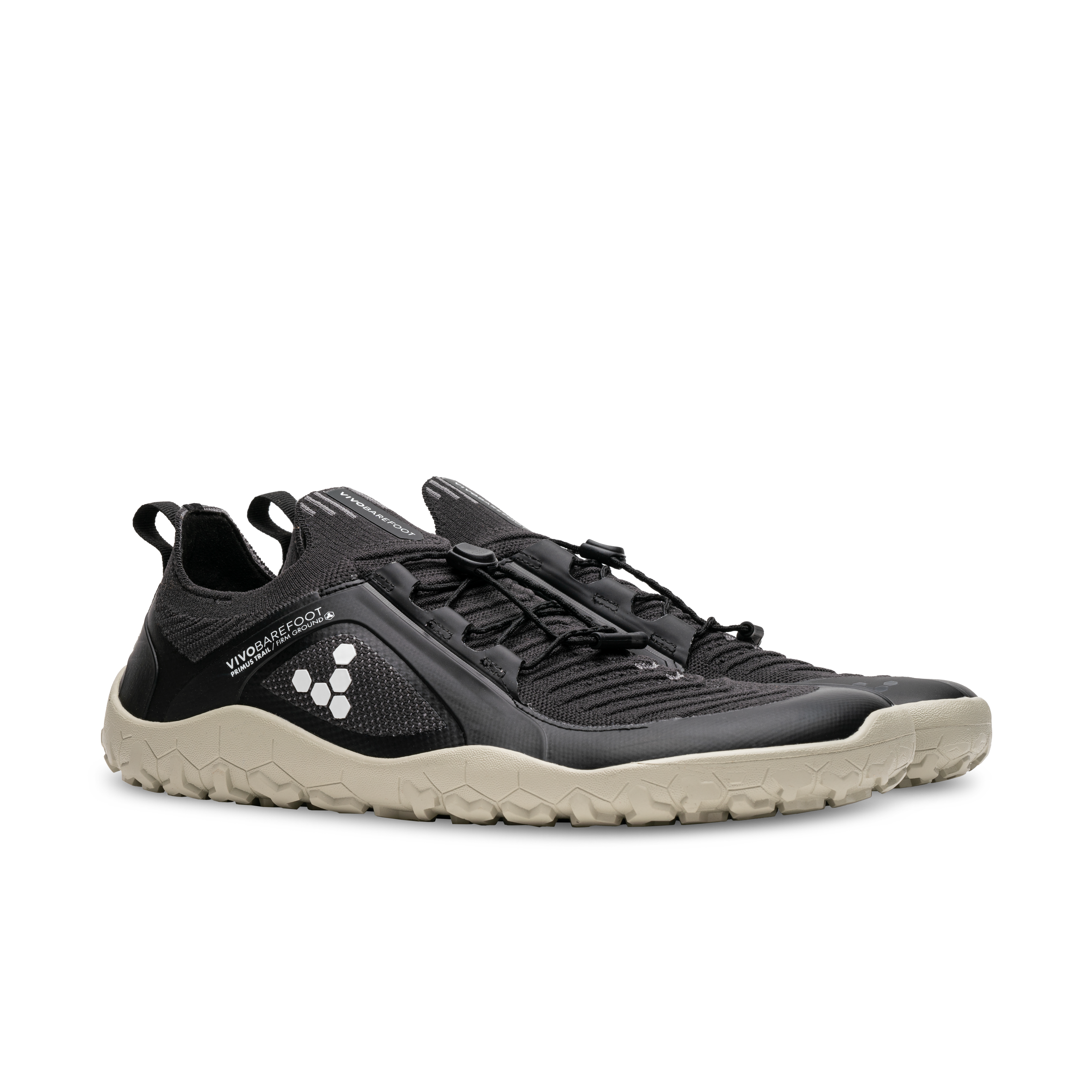 Vivobarefoot Primus Trail Knit FG Mens i Obsidian / Limestone, barfodsvenlige sko designet til terrænløb med åndbar mesh overdel og skridsikker sål