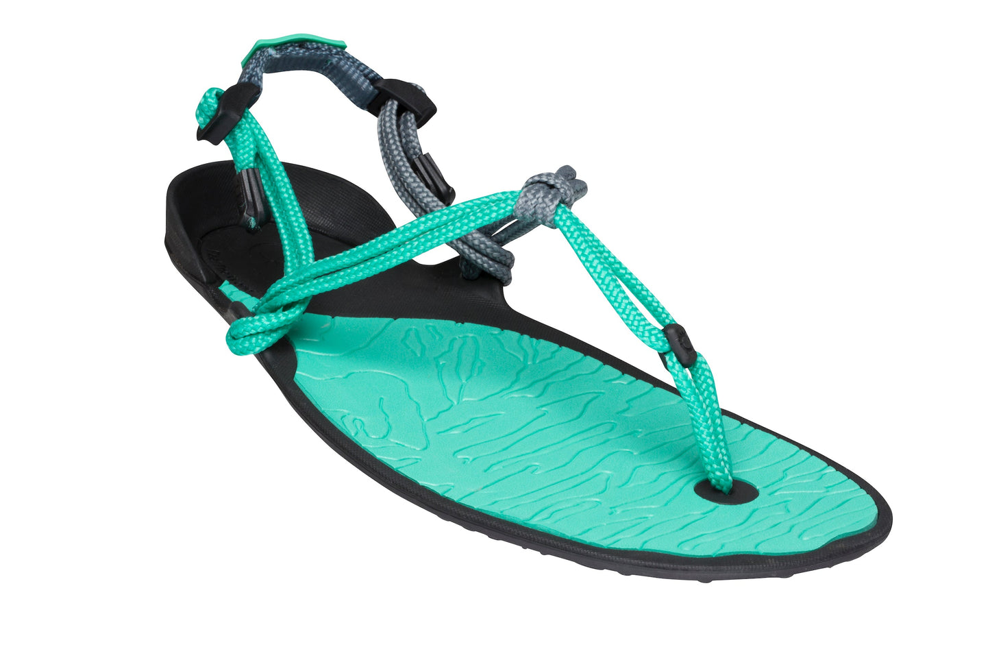 Xero Shoes Cloud Womens barfods sandaler til kvinder i farven coal black / mint, vinklet
