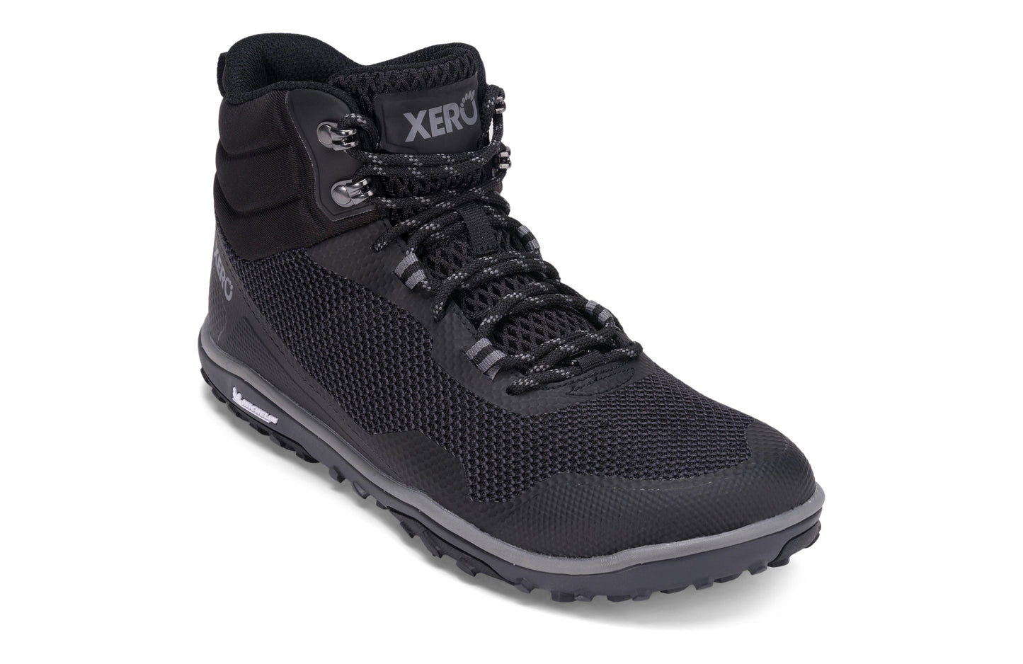 Xero Shoes Scrambler Mid Mens barfods lette vandrestøvler til mænd i farven black, vinklet