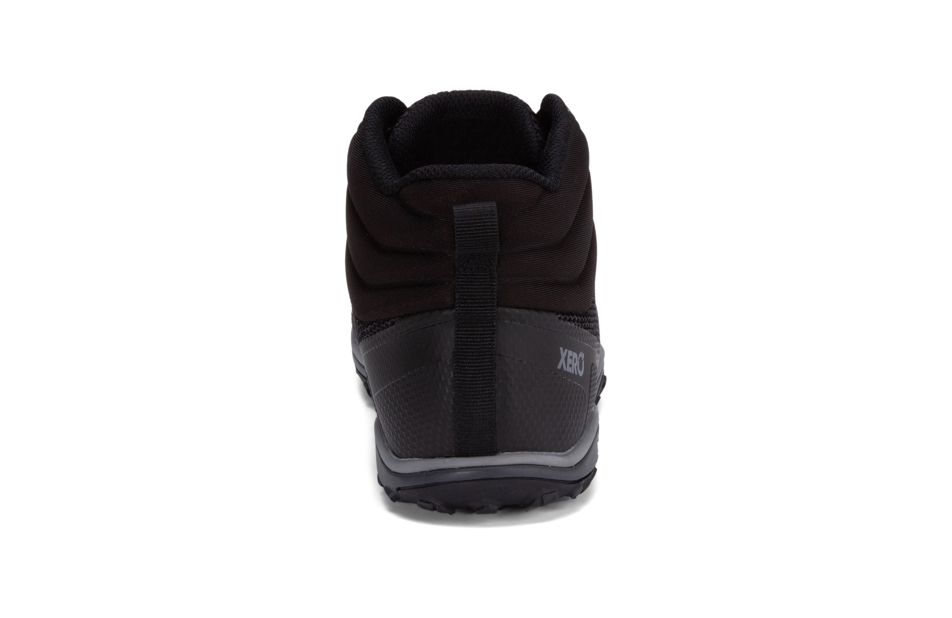 Xero Shoes Scrambler Mid Mens barfods lette vandrestøvler til mænd i farven black, bagfra