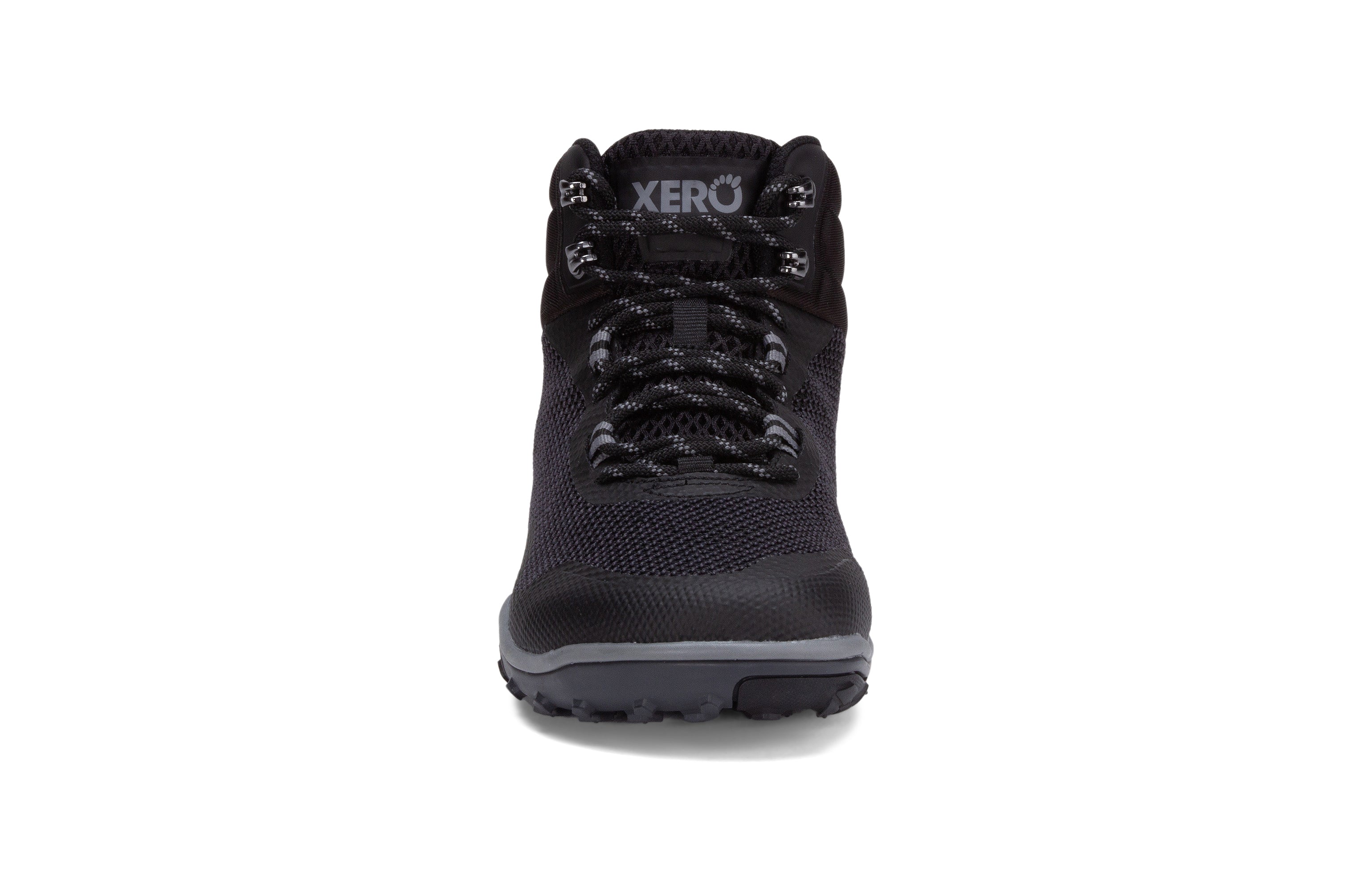 Xero Shoes Scrambler Mid Mens barfods lette vandrestøvler til mænd i farven black, forfra