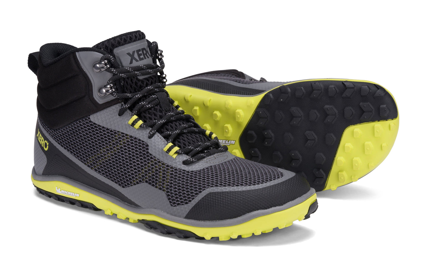 Xero Shoes Scrambler Mid Mens barfods lette vandrestøvler til mænd i farven steel gray / sulphur, par
