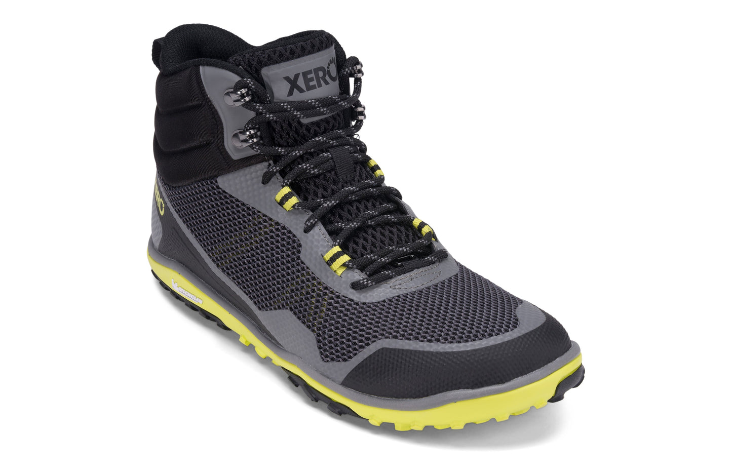 Xero Shoes Scrambler Mid Mens barfods lette vandrestøvler til mænd i farven steel gray / sulphur, vinklet
