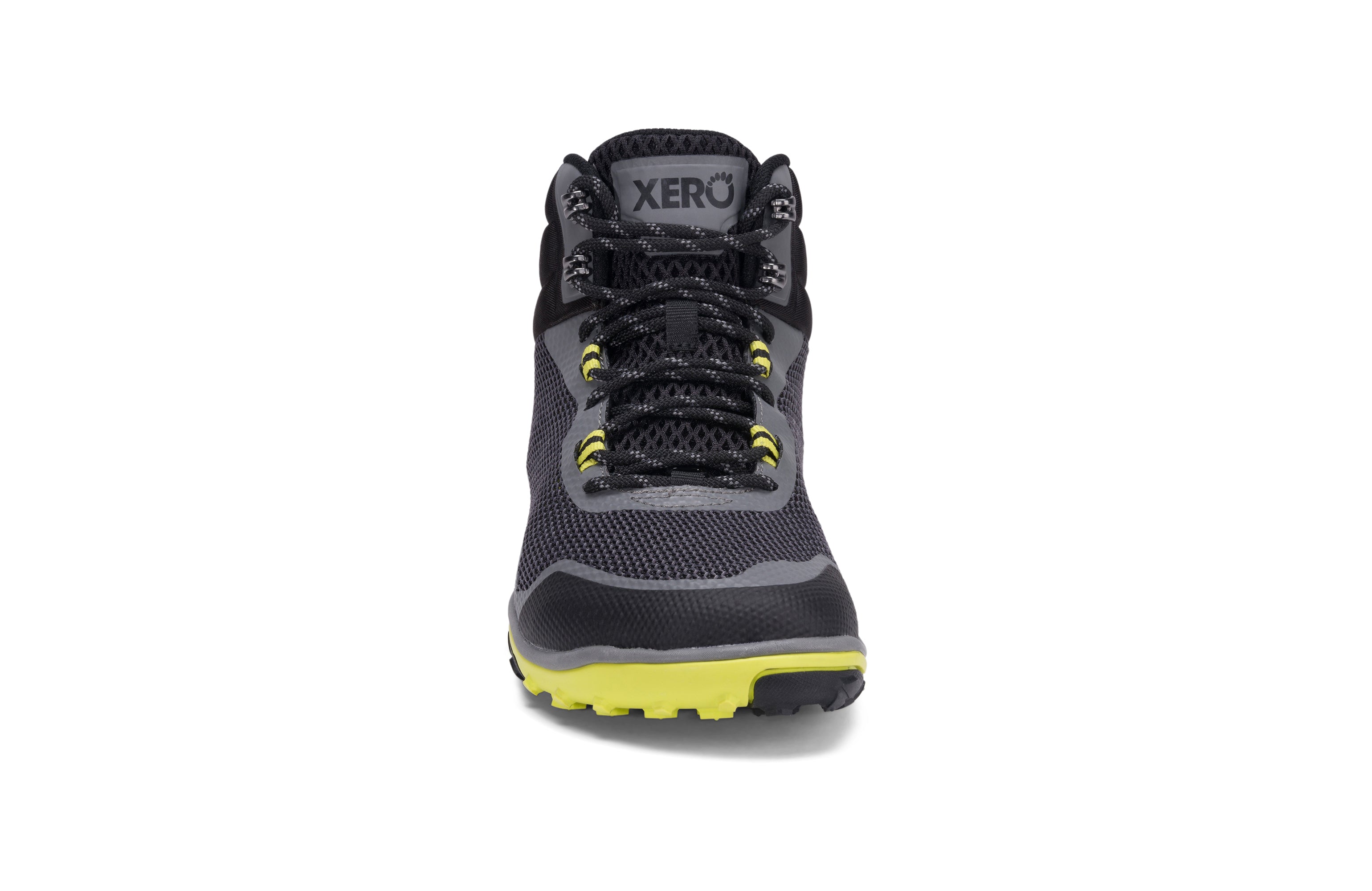 Xero Shoes Scrambler Mid Mens barfods lette vandrestøvler til mænd i farven steel gray / sulphur, forfra