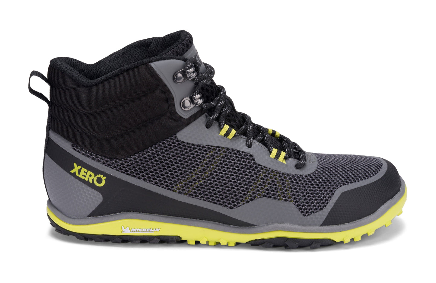 Xero Shoes Scrambler Mid Mens barfods lette vandrestøvler til mænd i farven steel gray / sulphur, yderside