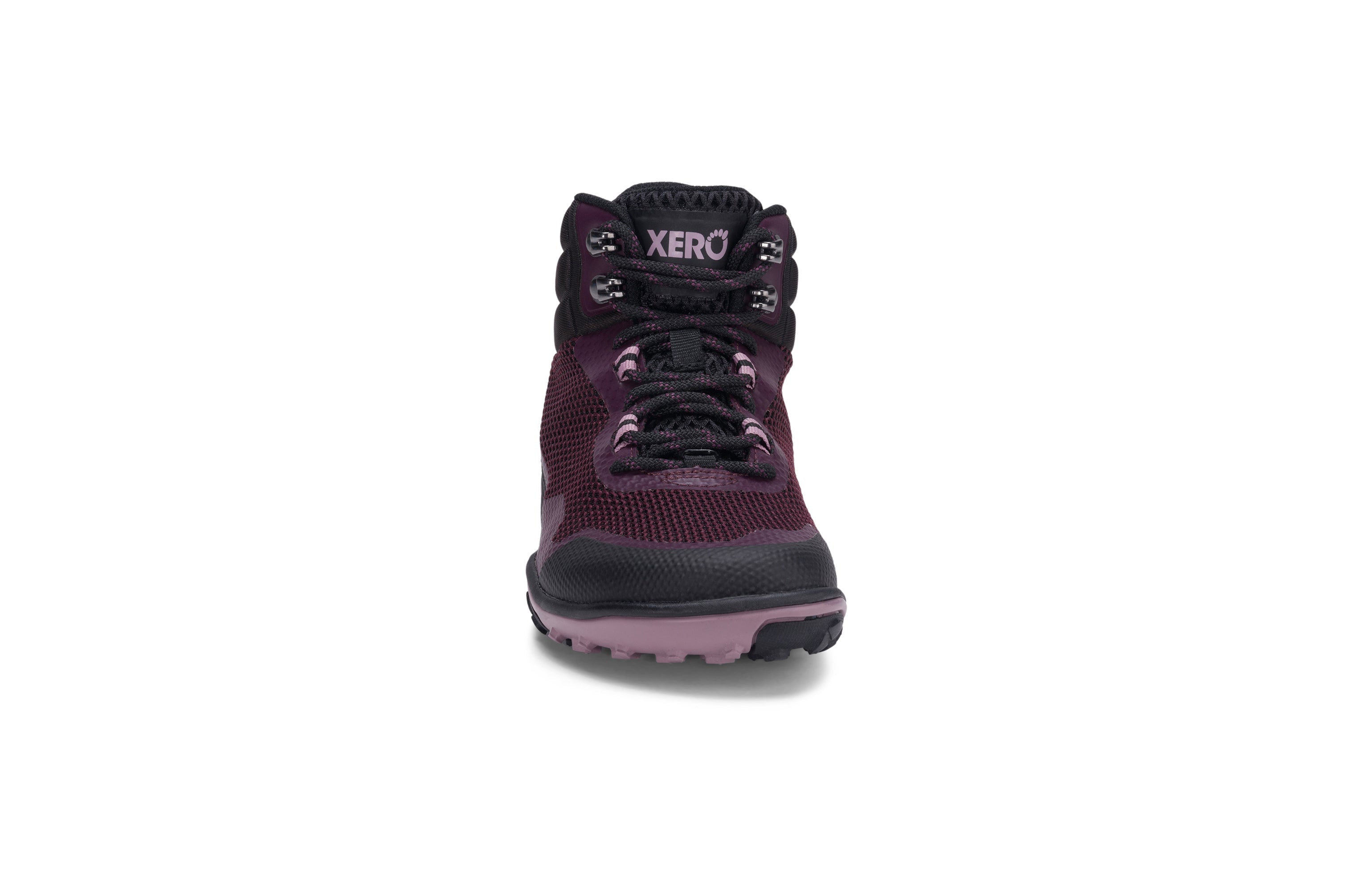 Xero Shoes Scrambler Mid Womens barfods lette vandrestøvler til kvinder i farven black / fig, forfra