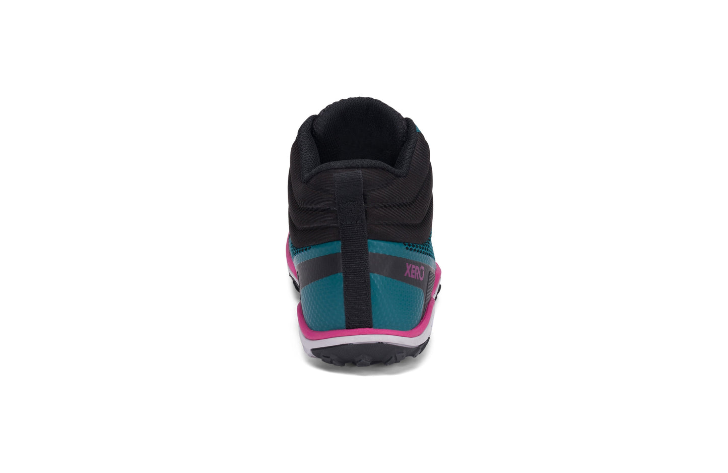 Xero Shoes Scrambler Mid Womens barfods lette vandrestøvler til kvinder i farven deep lake / fuschia, bagfra