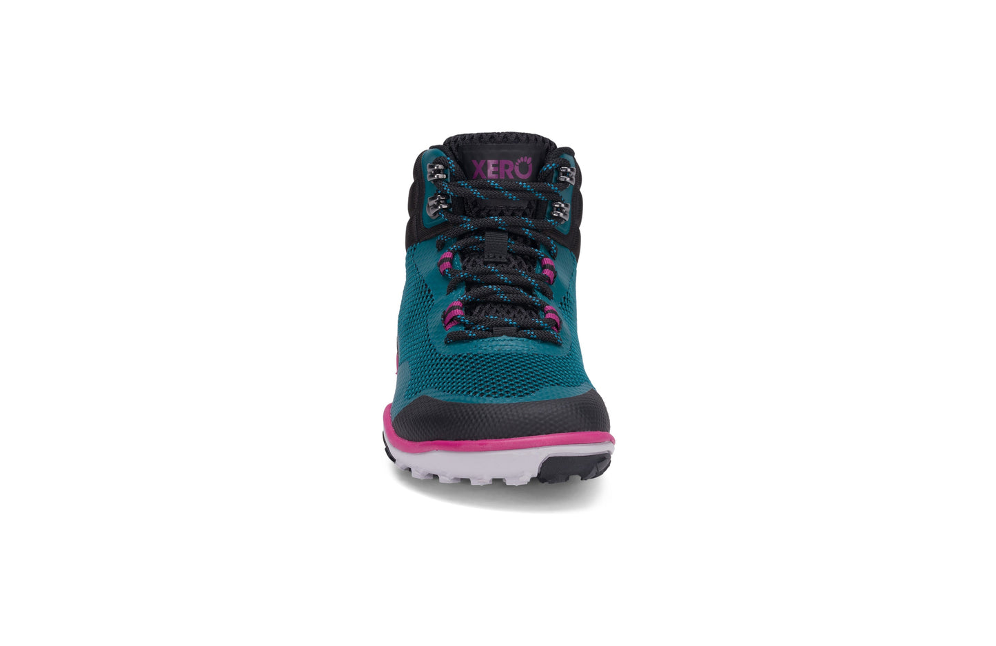 Xero Shoes Scrambler Mid Womens barfods lette vandrestøvler til kvinder i farven deep lake / fuschia, forfra
