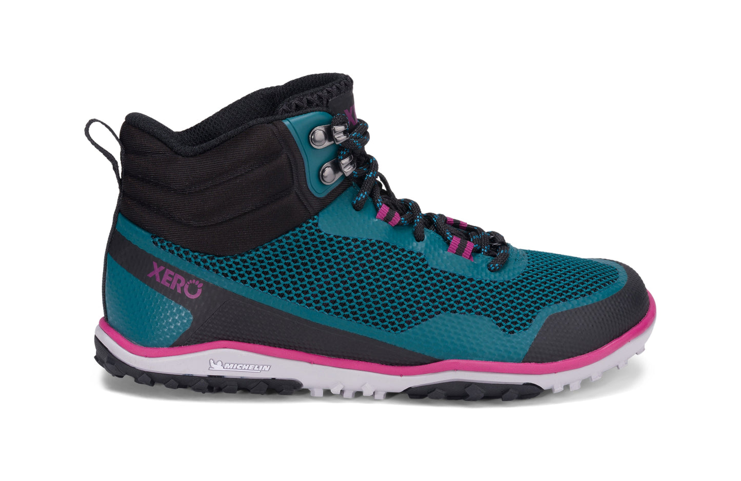 Xero Shoes Scrambler Mid Womens barfods lette vandrestøvler til kvinder i farven deep lake / fuschia, yderside