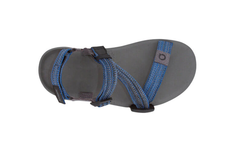 Xero Shoes Z-Trail Kids barfods sandaler til børn i farven charcoal / multi-blue, top