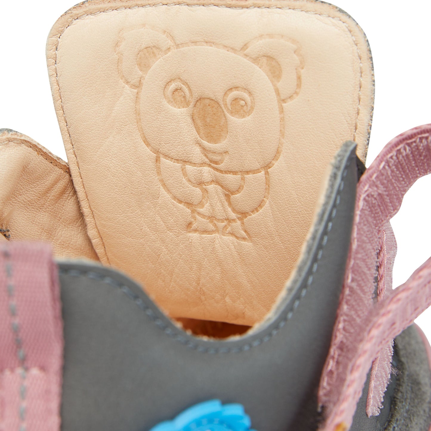 Affenzahn Leather Buddy barfods overgangssko til børn i farven koala / pink, detalje
