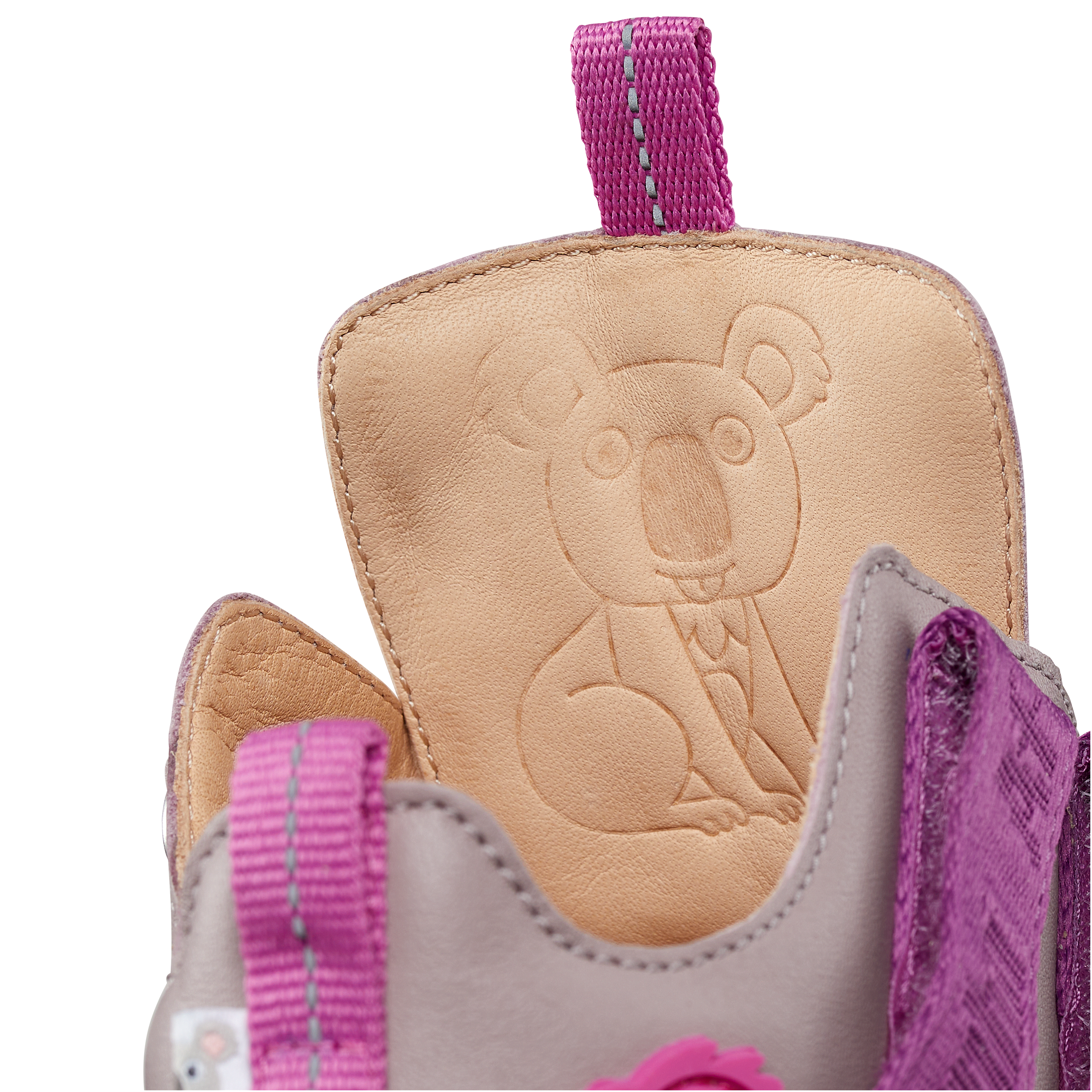 Affenzahn Leather Buddy barfods overgangssko til børn i farven koala / rose, detalje