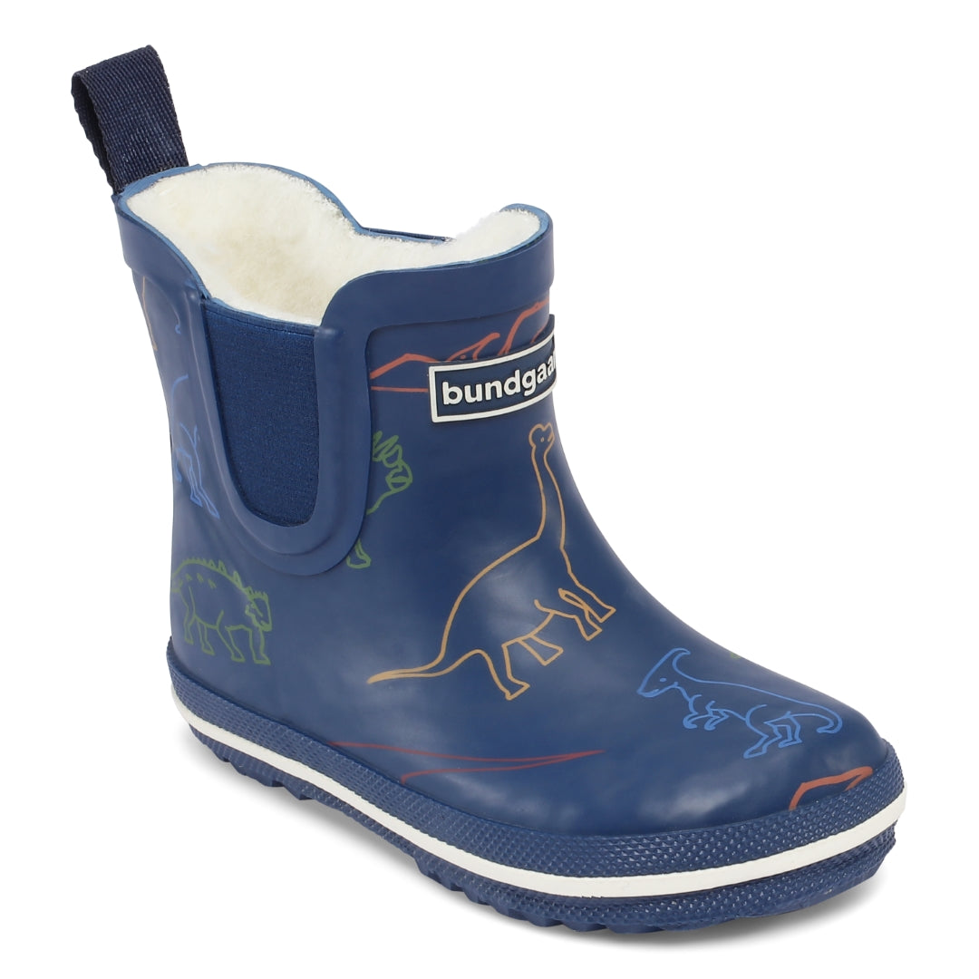 Bundgaard Charly Low barfods korte varme gummistøvler til børn i farven dino, vinklet