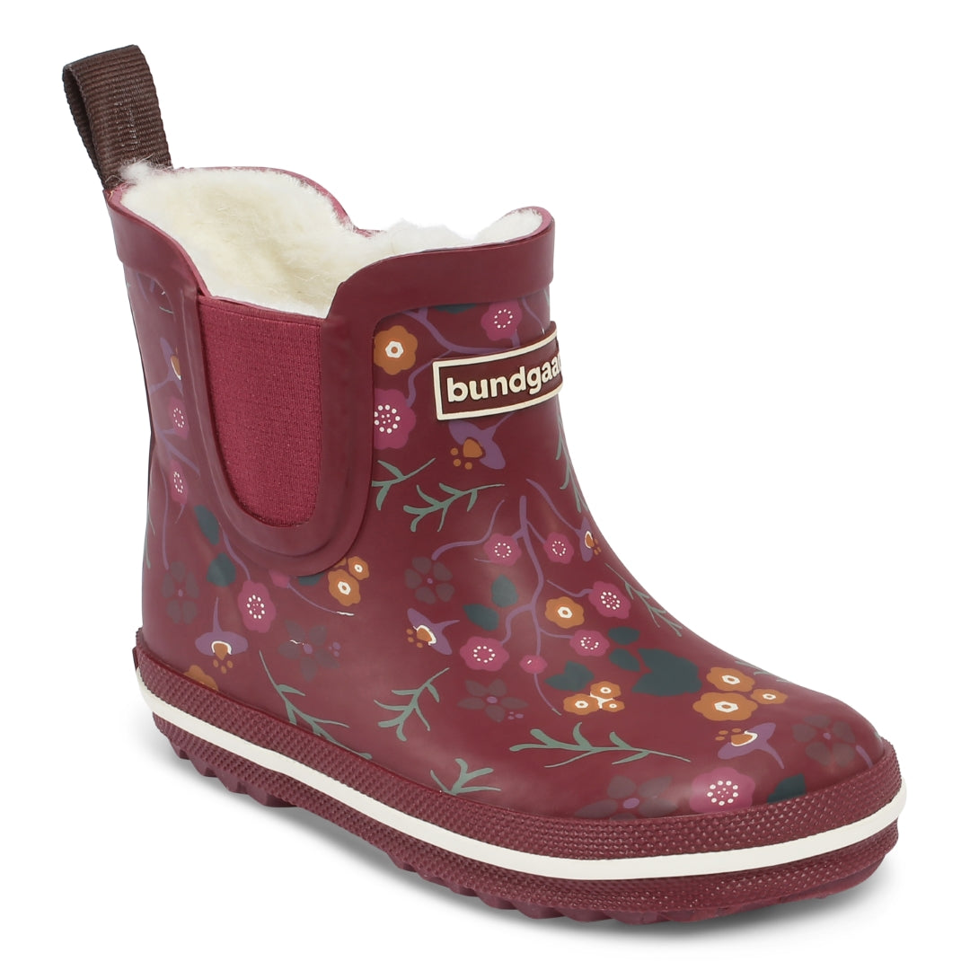 Bundgaard Charly Low barfods korte varme gummistøvler til børn i farven winter flowers, vinklet