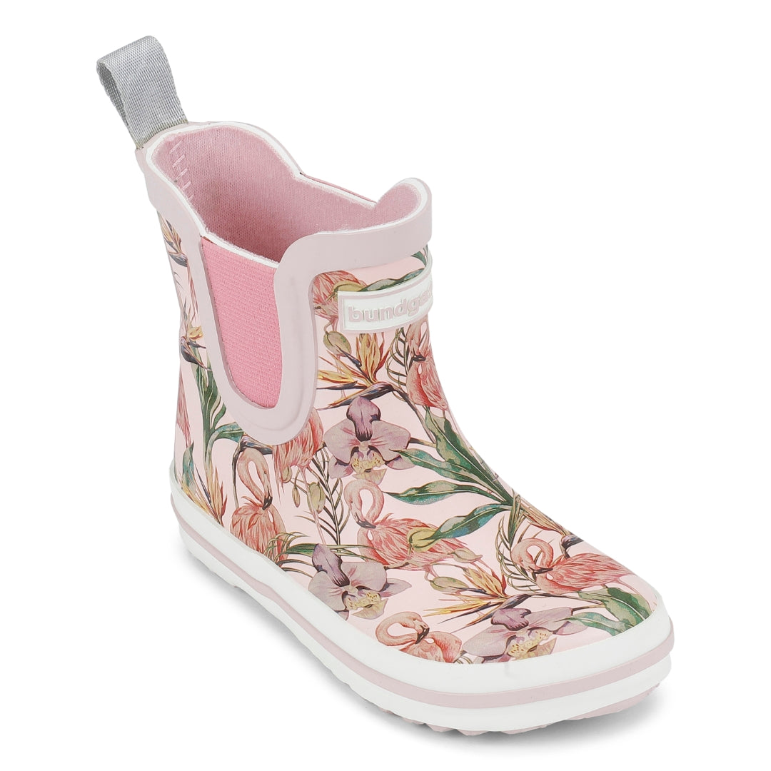 Bundgaard Charly Low barfods korte gummistøvler til børn i farven rose flamingo, yderside