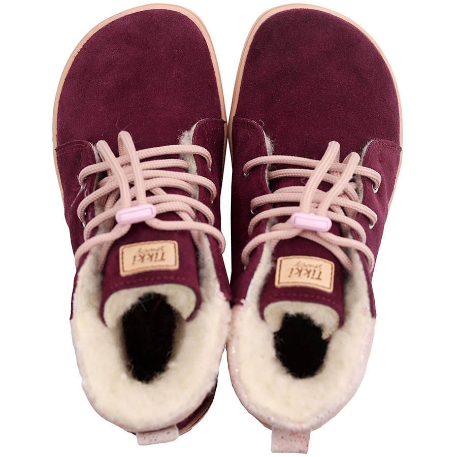 Tikki Beetle Leather barfods vinterstøvle til børn i farven amarant, top