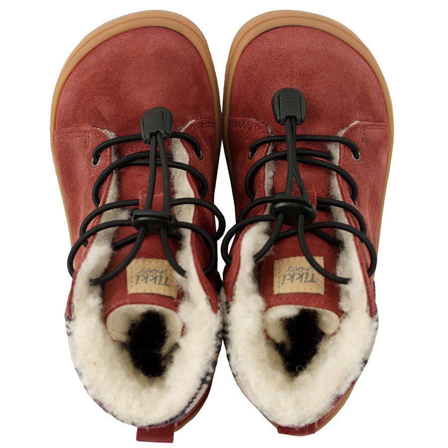 Tikki Beetle Leather barfods vinterstøvle til børn i farven bordeaux, top