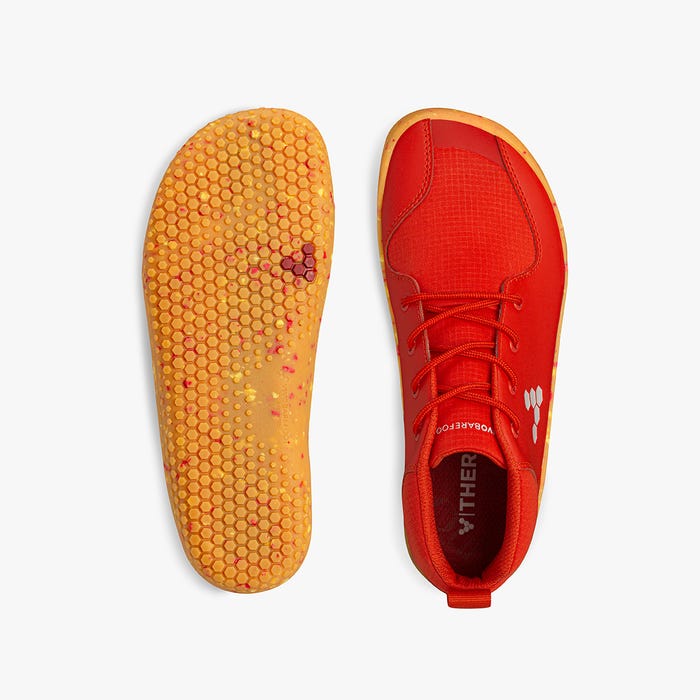 Vivobarefoot Primus Bootie II All Weather Juniors barfods high sneakers til børn i farven fiery coral, top