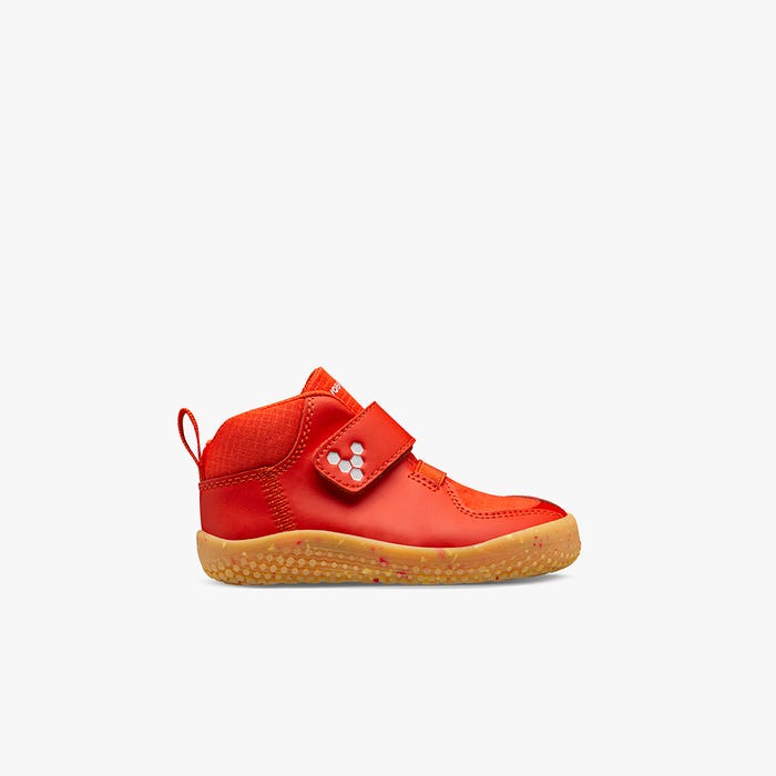 Vivobarefoot Primus Bootie II All Weather Toddlers barfods high sneakers til tumling i farven fiery coral, yderside