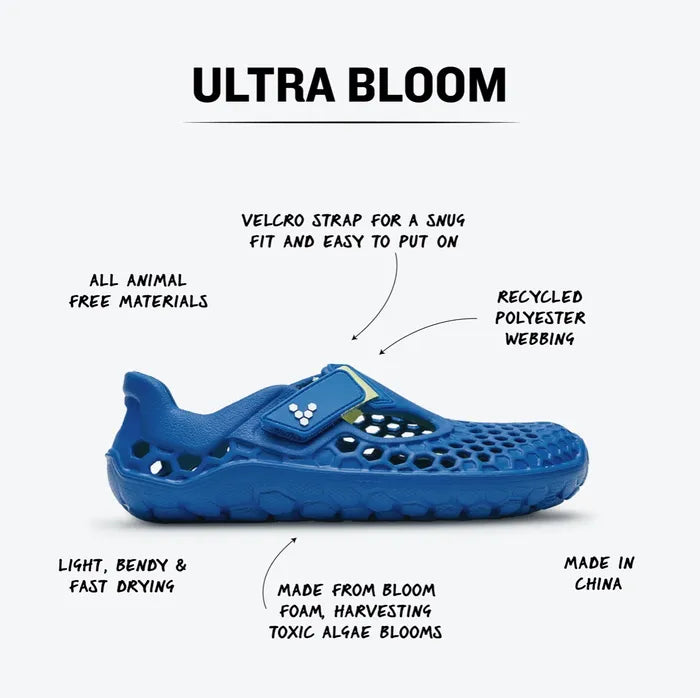 Vivobarefoot Ultra Bloom Kids barfods vandsko/sandaler til børn i farven amparo blue, info