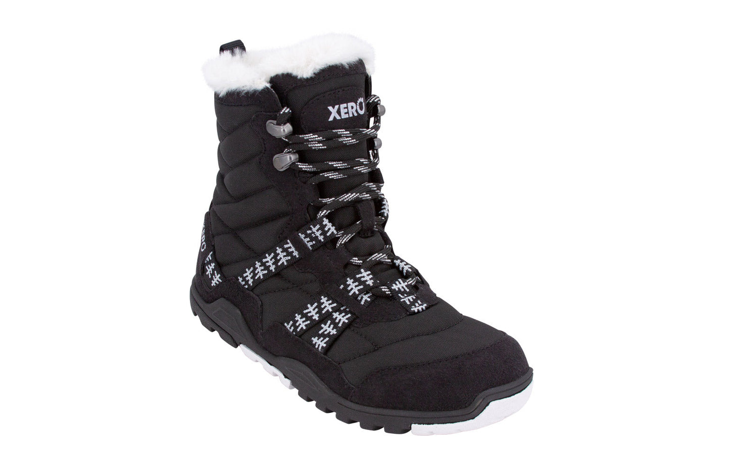 Xero Shoes Alpine Womens barfods vinterstøvler til kvinder i farven black (with symbols), vinklet