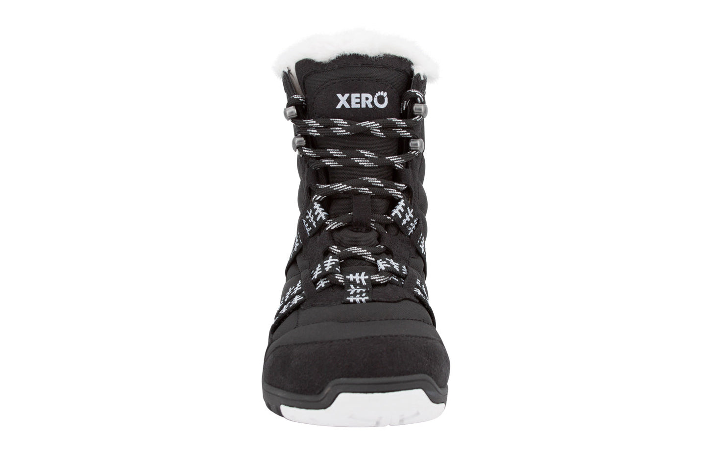 Xero Shoes Alpine Womens barfods vinterstøvler til kvinder i farven black (with symbols), forfra