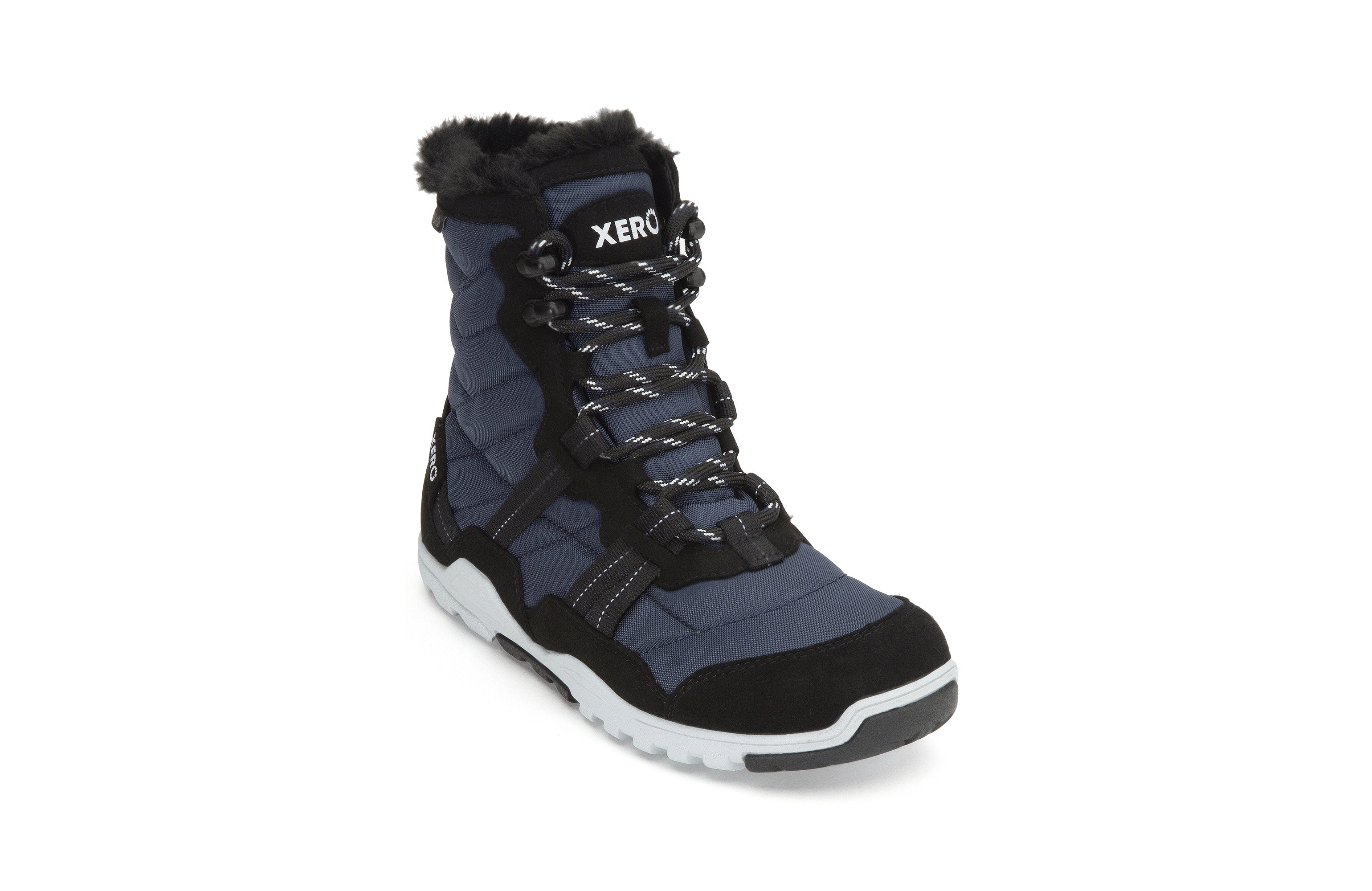 Xero Shoes Alpine Womens barfods vinterstøvler til kvinder i farven navy / black, vinklet