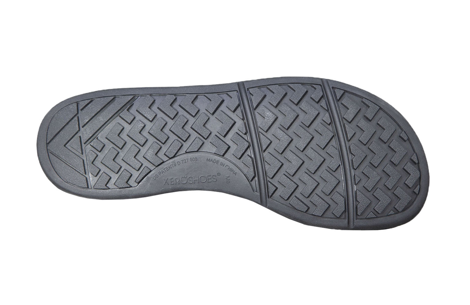 Sål af Xero Shoes Denver i sort, designet til barfodssko, med detaljeret geometrisk mønster for bedre greb.