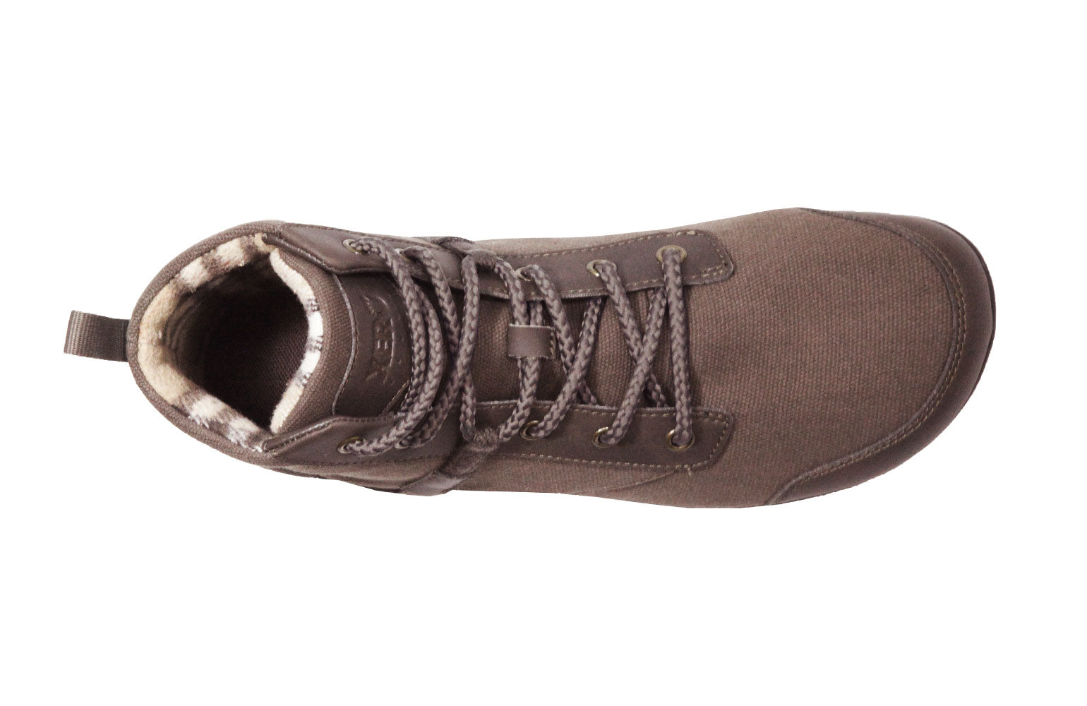 Top view af Xero Shoes Denver minimalistske barfodsstøvle i Brown, med vandafvisende canvas og en varm, mønstret foring. Perfekt til koldt vejr.