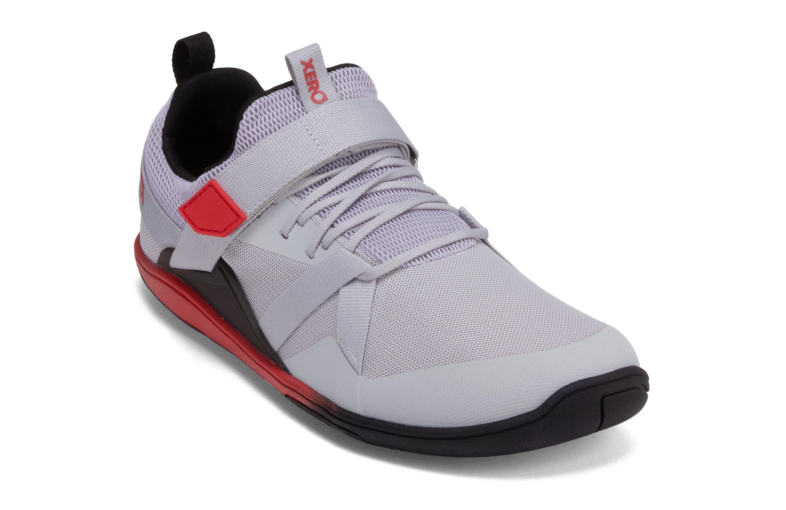 Xero Shoes Forza Trainer Mens barfods træningssko til mænd i farven micro gray / red, vinklet
