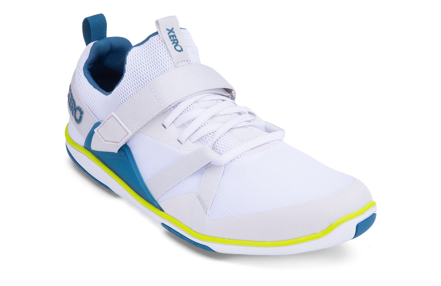 Xero Shoes Forza Trainer Mens barfods træningssko til mænd i farven white / blue sapphire, vinklet