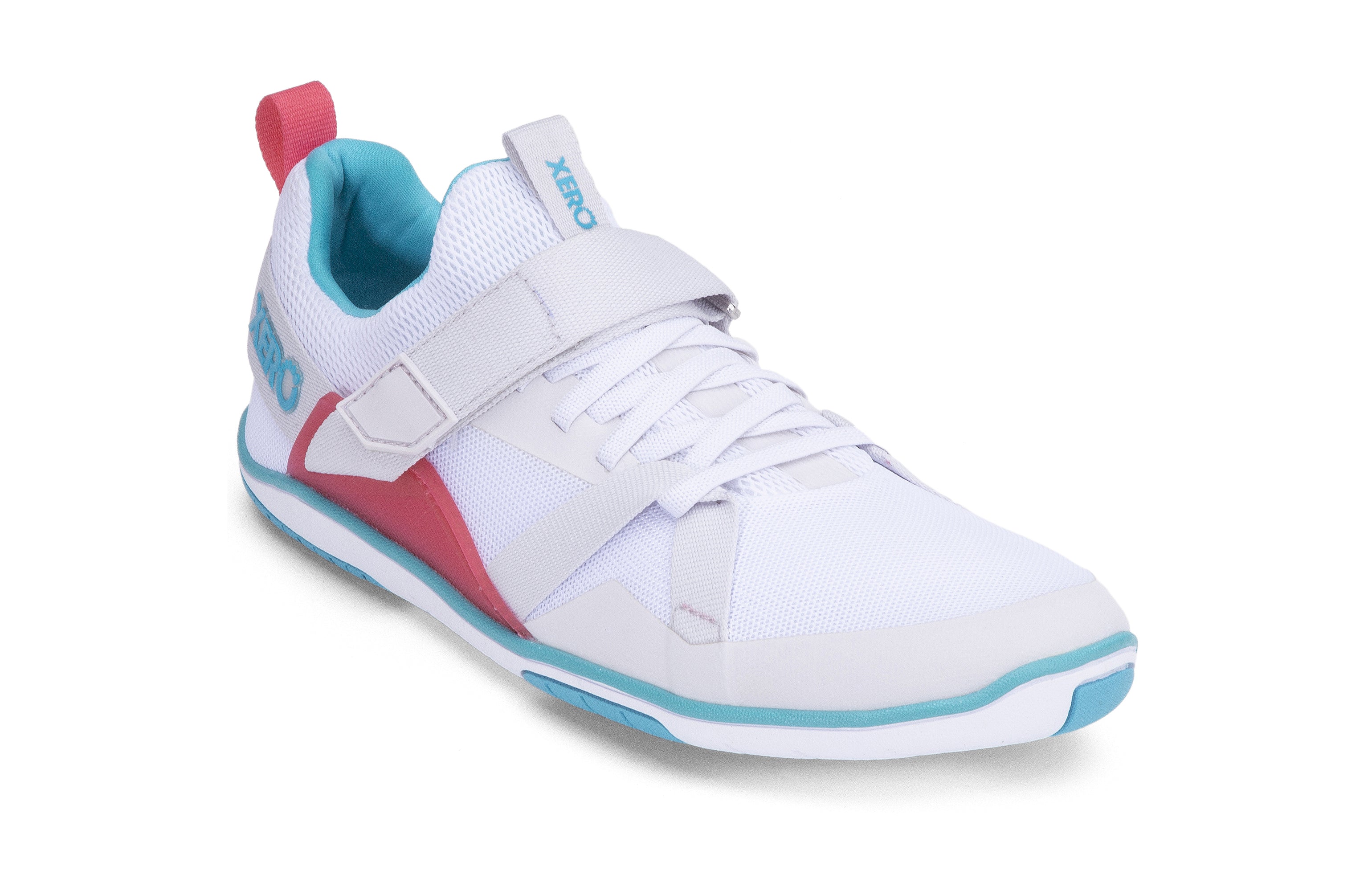 Xero Shoes Forza Trainer Womens barfods træningssko til kvinder i farven white / scuba blue, vinklet