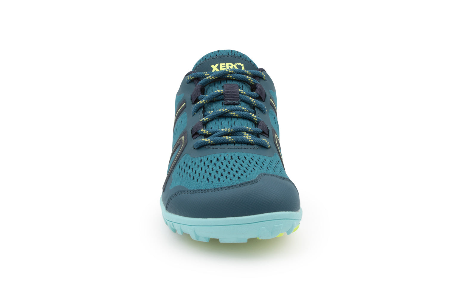Xero Shoes Mesa Trail barfods trailsko til kvinder i farven lagoon, forfra