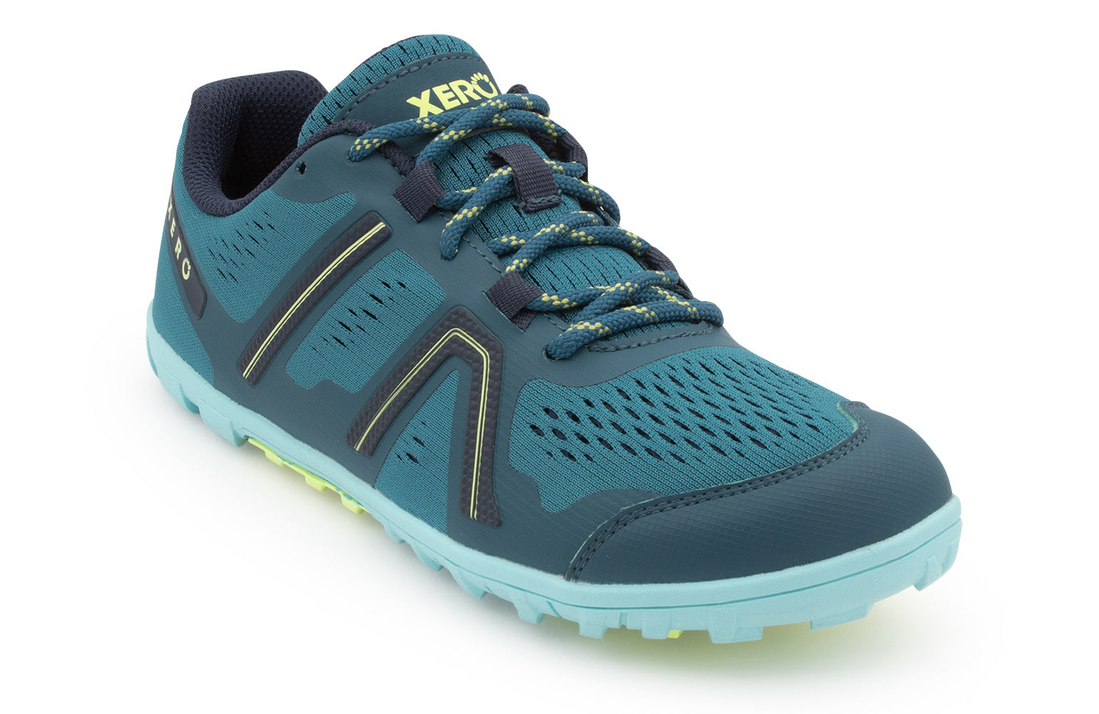 Xero Shoes Mesa Trail barfods trailsko til kvinder i farven lagoon, vinklet