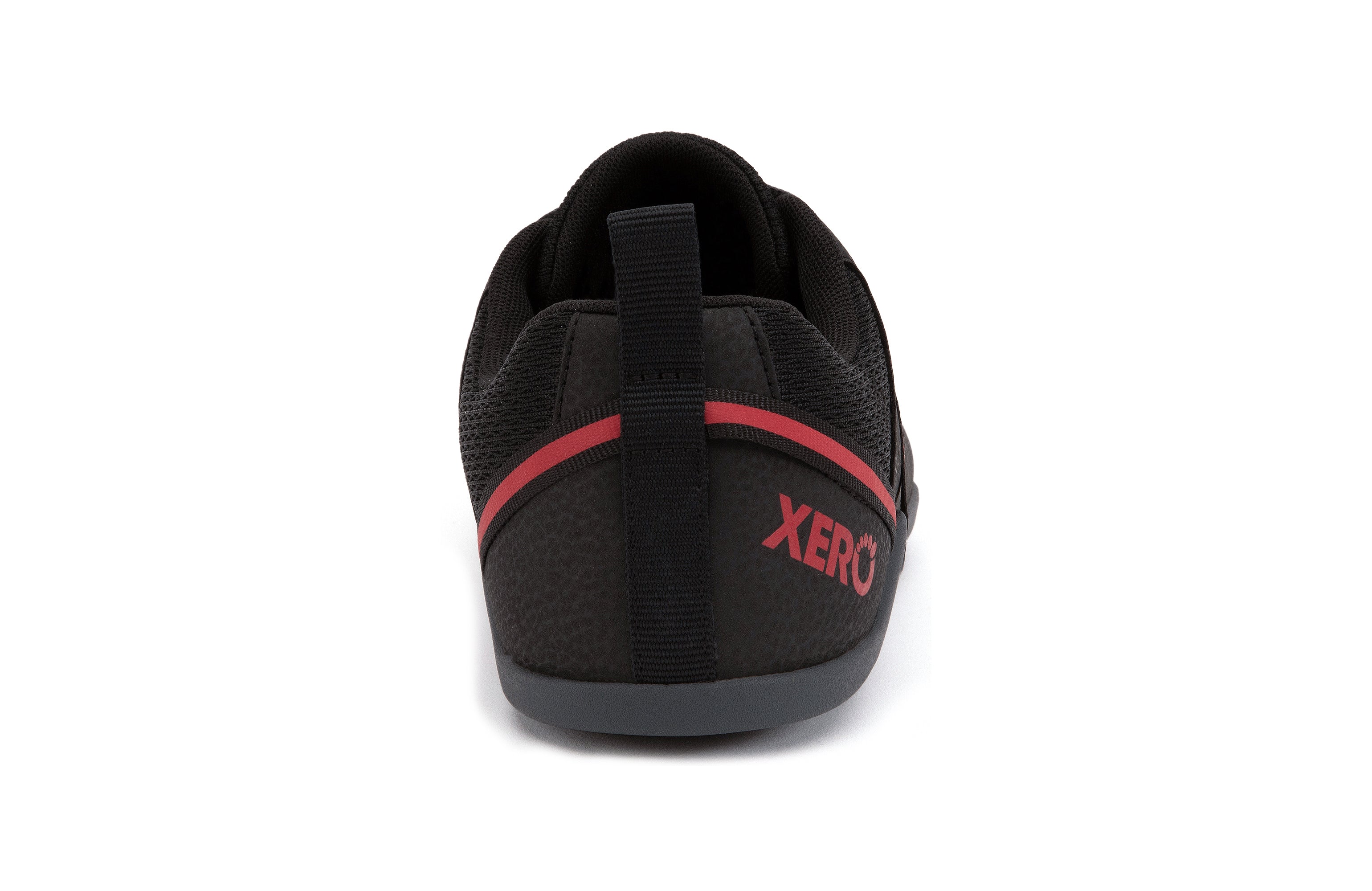 Xero Shoes Prio barfods løbesko/træningssko til mænd i farven black / samba red, bagfra