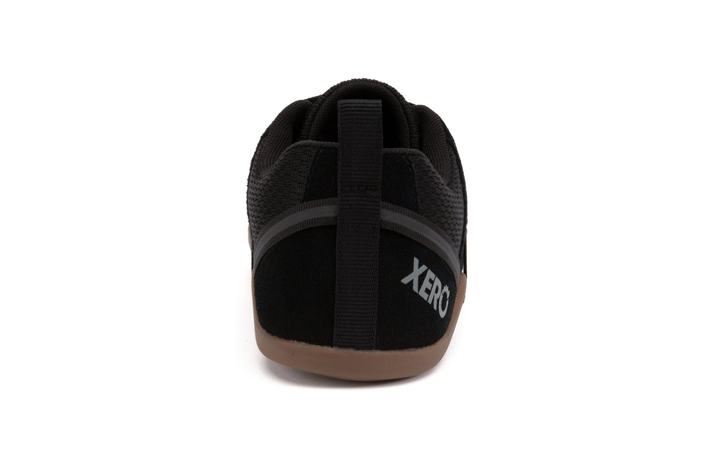 Xero Shoes Prio Suede barfods ruskind sneakers til mænd i farven black gum, bagfra