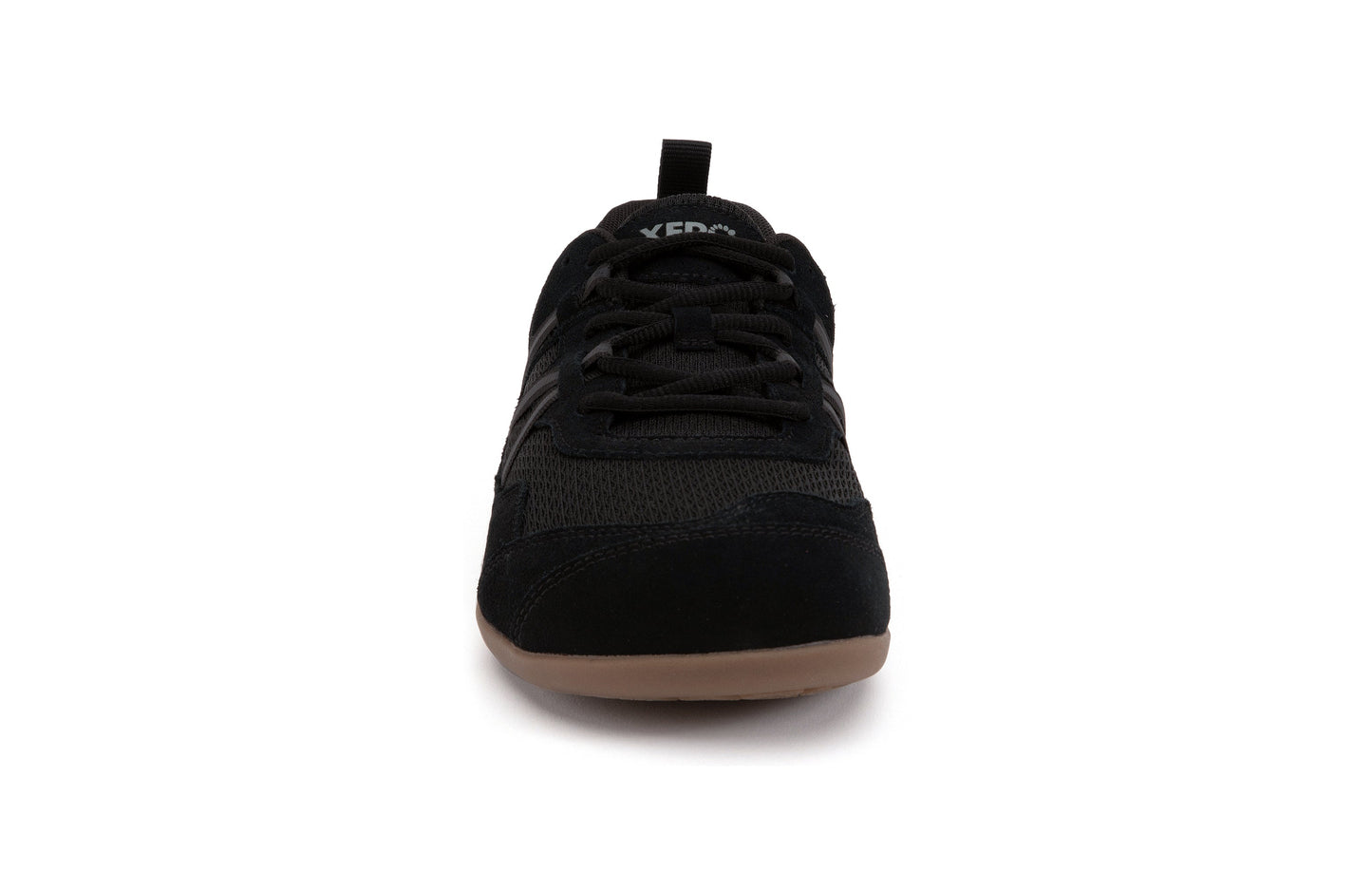 Xero Shoes Prio Suede barfods ruskind sneakers til mænd i farven black gum, forfra