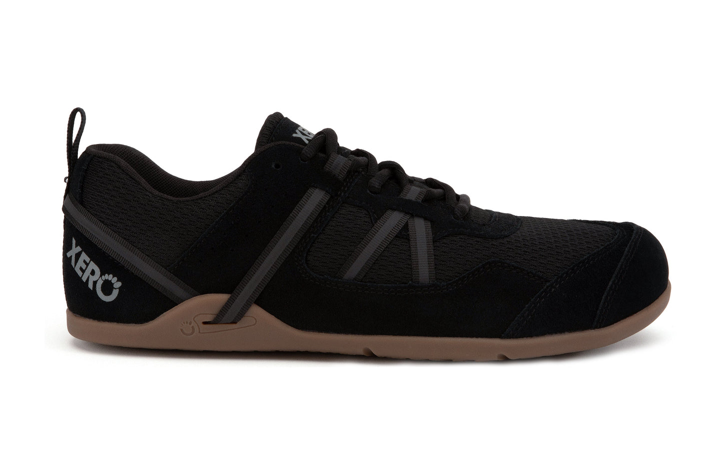 Xero Shoes Prio Suede barfods ruskind sneakers til mænd i farven black gum, yderside